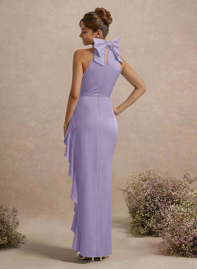 Unique Bow(s) High Neck Ruffle High Split Floor-Length Satin Bridesmaid Dresses
