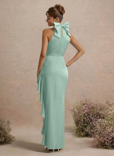 Unique Bow(s) High Neck Ruffle High Split Floor-Length Satin Bridesmaid Dresses