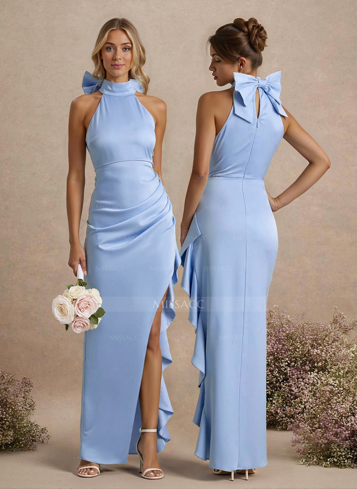 Unique Bow(s) High Neck Ruffle High Split Floor-Length Satin Bridesmaid Dresses