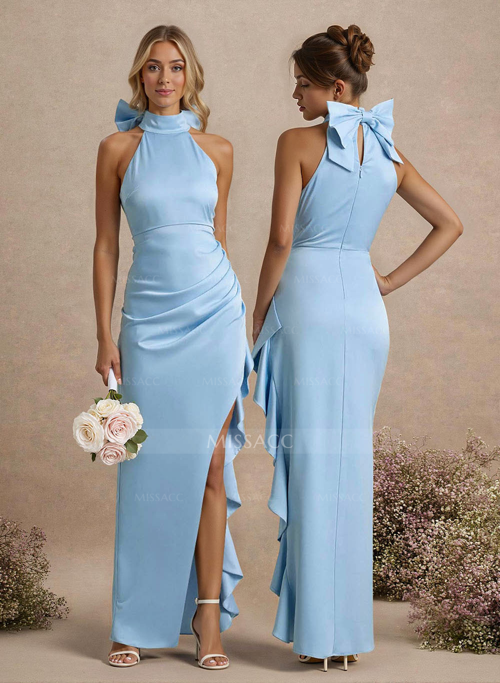 Unique Bow(s) High Neck Ruffle High Split Floor-Length Satin Bridesmaid Dresses