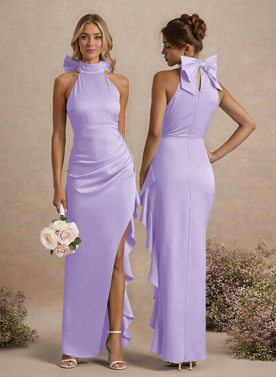 Unique Bow(s) High Neck Ruffle High Split Floor-Length Satin Bridesmaid Dresses