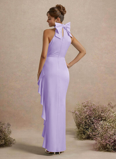 Unique Bow(s) High Neck Ruffle High Split Floor-Length Satin Bridesmaid Dresses