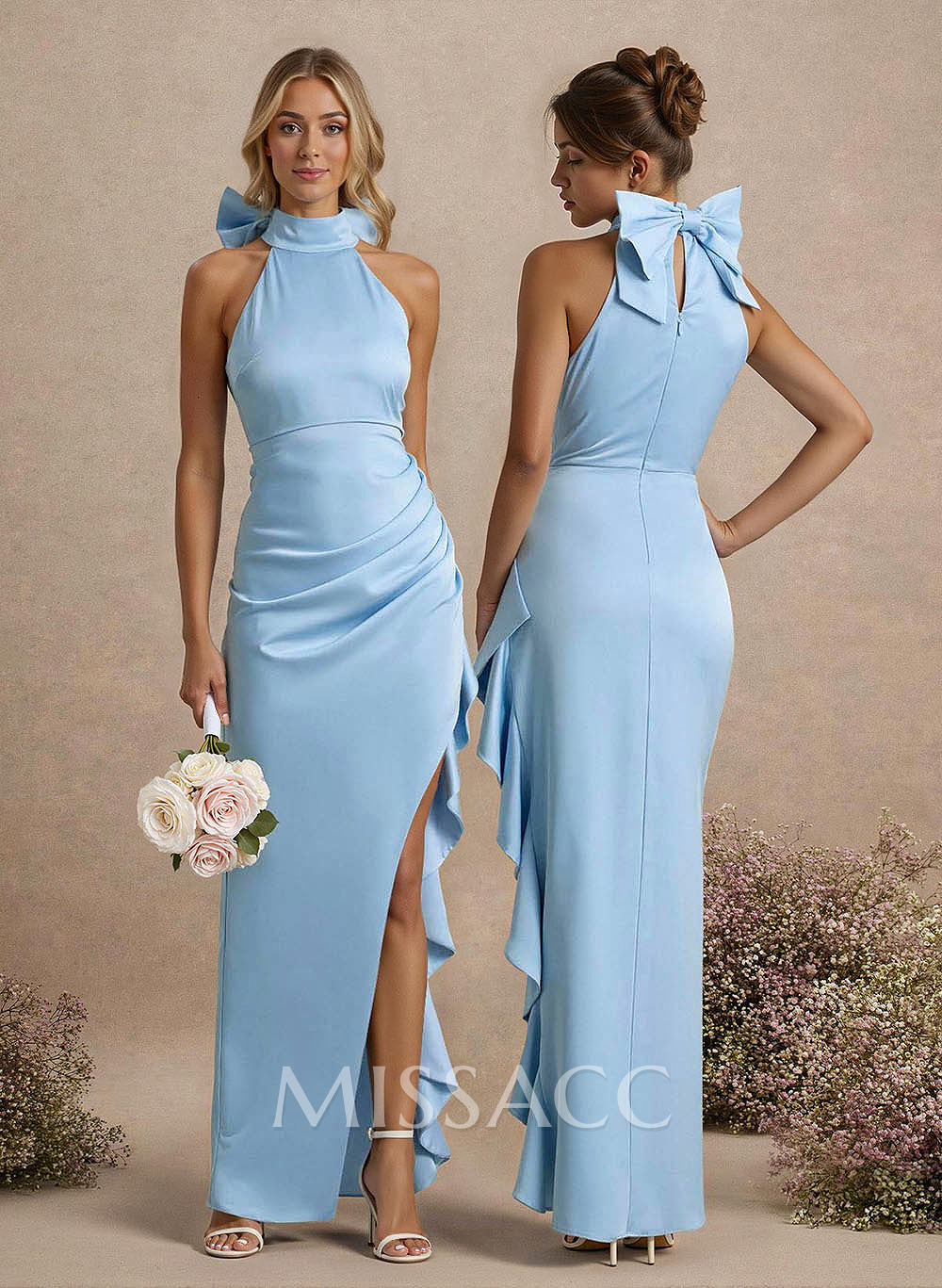 Unique Bow(s) High Neck Ruffle High Split Floor-Length Satin Bridesmaid Dresses Unique Bow(s) High Neck Ruffle High Split Floor-Length Satin Bridesmaid Dresses