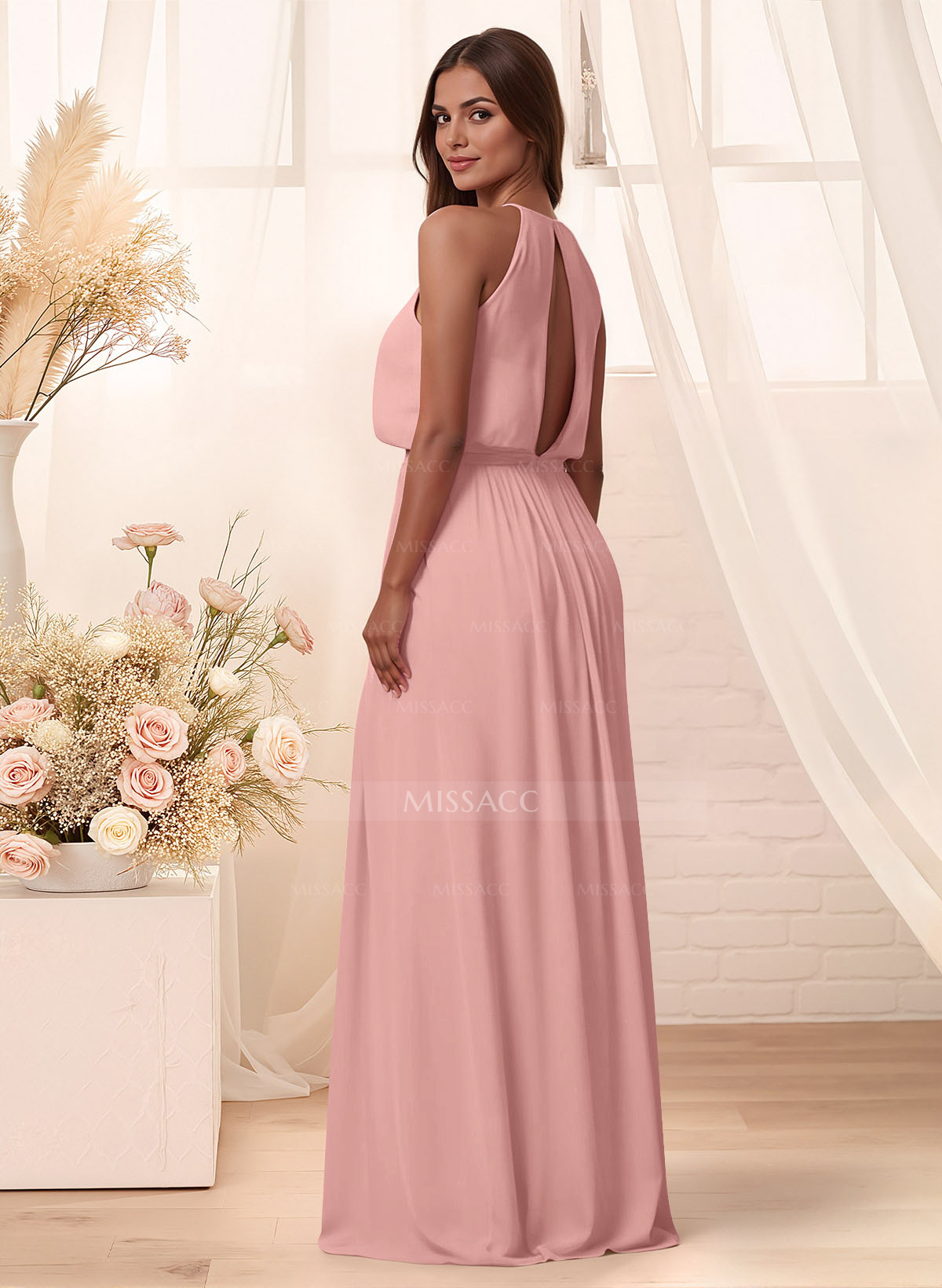 Elegant Halter Floor-Length Chiffon Bridesmaid