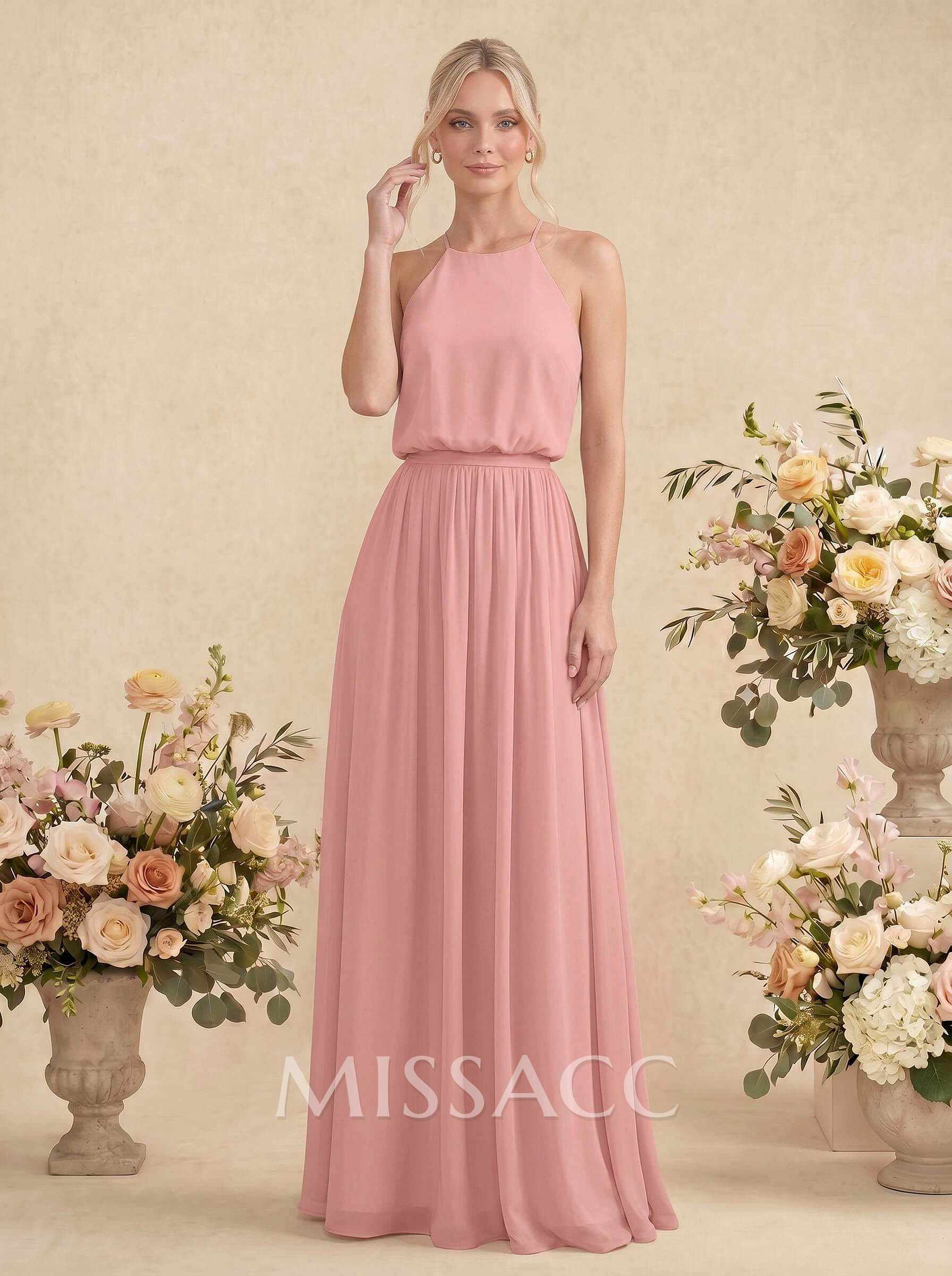 Elegant Halter Floor-Length Chiffon Bridesmaid