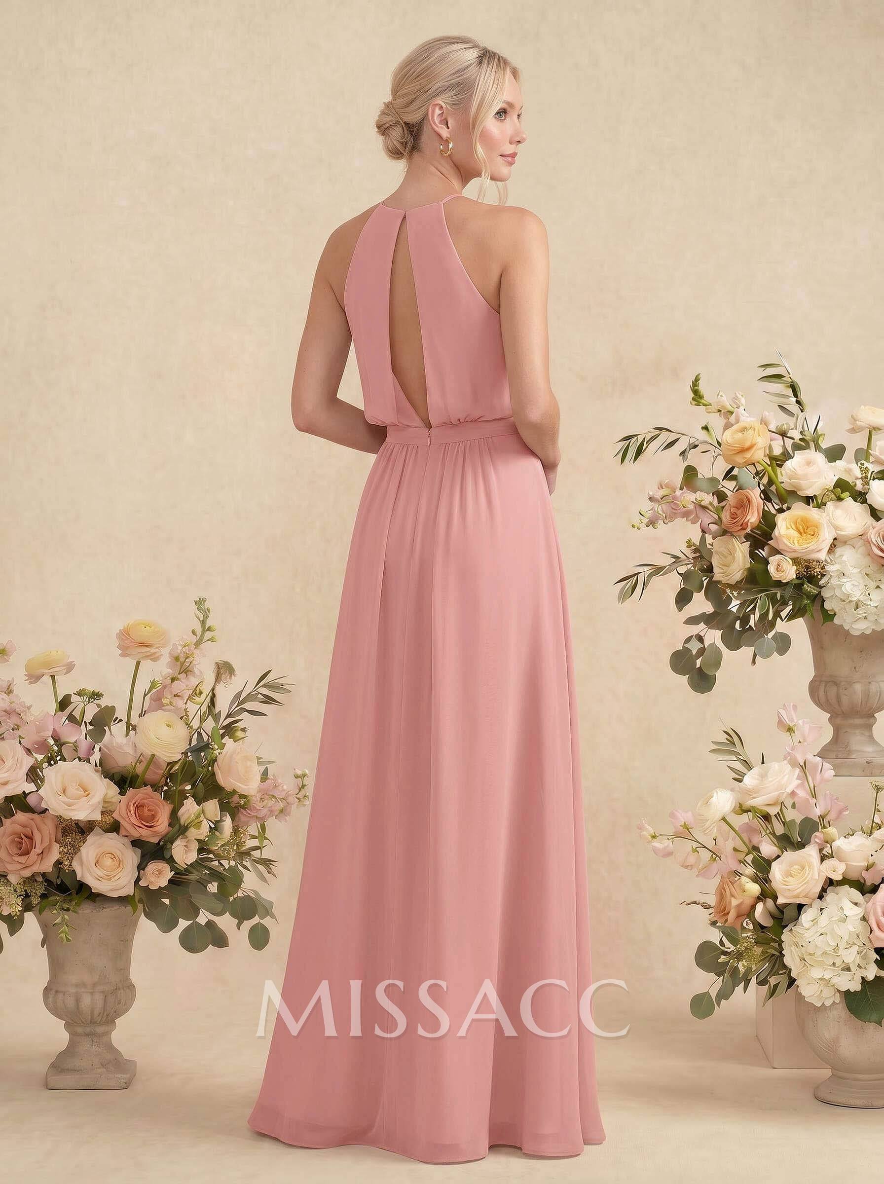 Elegant Halter Floor-Length Chiffon Bridesmaid
