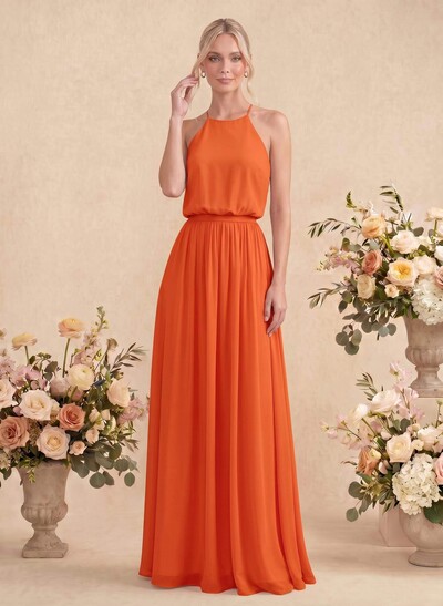 Elegant Halter Floor-Length Chiffon Bridesmaid