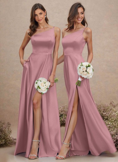 Classic One-Shoulder A-Line High Split Floor-Length Satin Bridesmaid Dresses