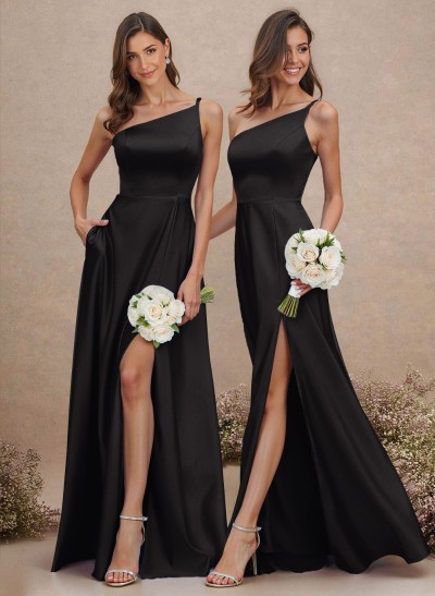 Classic One-Shoulder A-Line High Split Floor-Length Satin Bridesmaid Dresses