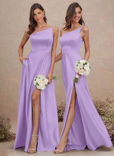 Classic One-Shoulder A-Line High Split Floor-Length Satin Bridesmaid Dresses