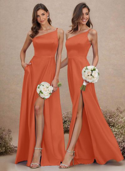 Classic One-Shoulder A-Line High Split Floor-Length Satin Bridesmaid Dresses