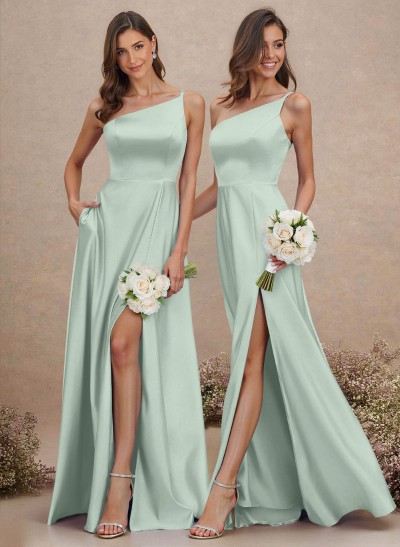 Classic One-Shoulder A-Line High Split Floor-Length Satin Bridesmaid Dresses