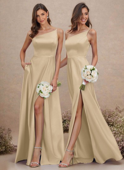 Classic One-Shoulder A-Line High Split Floor-Length Satin Bridesmaid Dresses