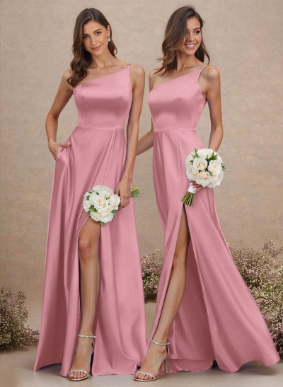 Classic One-Shoulder A-Line High Split Floor-Length Satin Bridesmaid Dresses