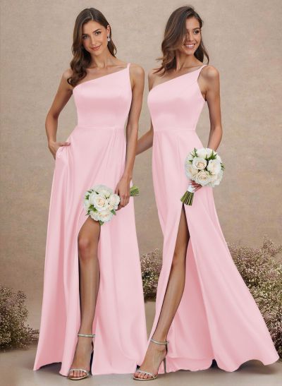 Classic One-Shoulder A-Line High Split Floor-Length Satin Bridesmaid Dresses