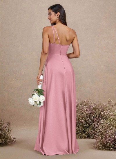 Classic One-Shoulder A-Line High Split Floor-Length Satin Bridesmaid Dresses