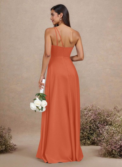 Classic One-Shoulder A-Line High Split Floor-Length Satin Bridesmaid Dresses