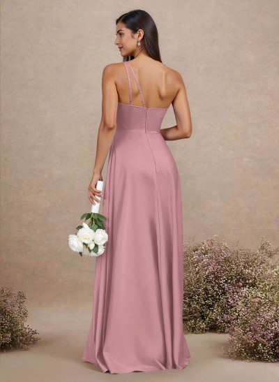 Classic One-Shoulder A-Line High Split Floor-Length Satin Bridesmaid Dresses