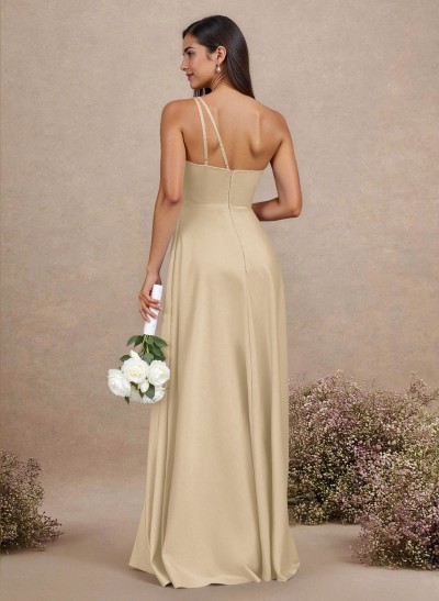 Classic One-Shoulder A-Line High Split Floor-Length Satin Bridesmaid Dresses