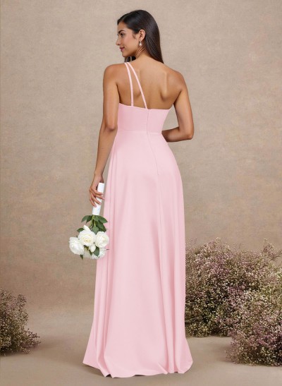 Classic One-Shoulder A-Line High Split Floor-Length Satin Bridesmaid Dresses