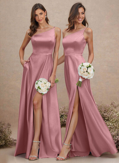 Classic One-Shoulder A-Line High Split Floor-Length Satin Bridesmaid Dresses