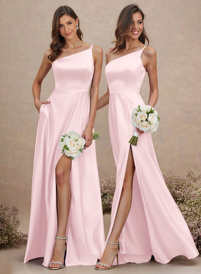 Classic One-Shoulder A-Line High Split Floor-Length Satin Bridesmaid Dresses