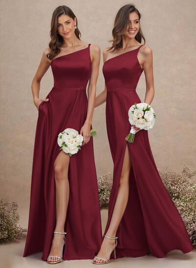 Classic One-Shoulder A-Line High Split Floor-Length Satin Bridesmaid Dresses