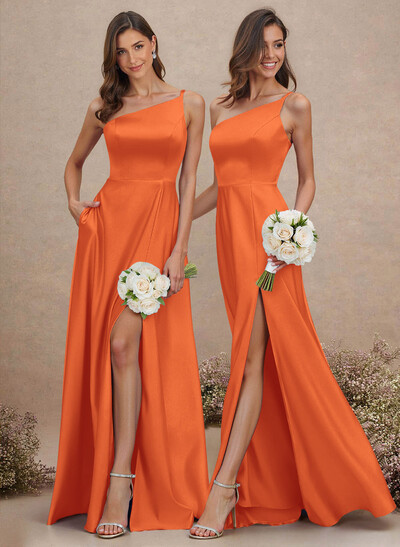 Classic One-Shoulder A-Line High Split Floor-Length Satin Bridesmaid Dresses