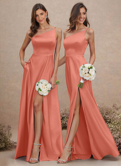 Classic One-Shoulder A-Line High Split Floor-Length Satin Bridesmaid Dresses