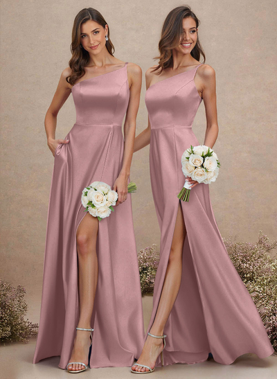Classic One-Shoulder A-Line High Split Floor-Length Satin Bridesmaid Dresses