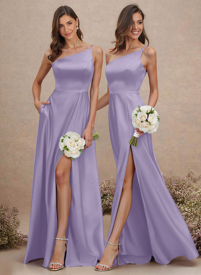 Classic One-Shoulder A-Line High Split Floor-Length Satin Bridesmaid Dresses