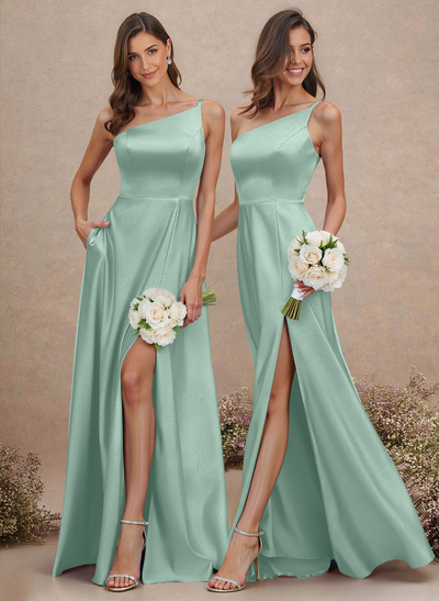 Classic One-Shoulder A-Line High Split Floor-Length Satin Bridesmaid Dresses