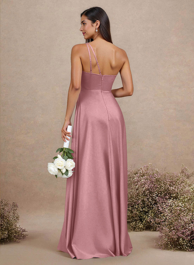 Classic One-Shoulder A-Line High Split Floor-Length Satin Bridesmaid Dresses