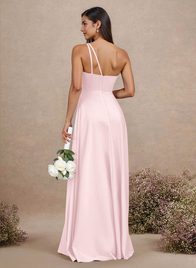 Classic One-Shoulder A-Line High Split Floor-Length Satin Bridesmaid Dresses