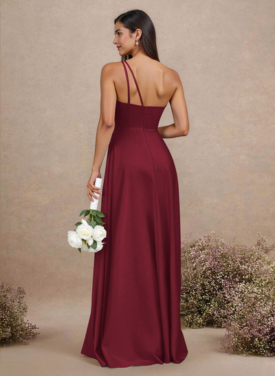 Classic One-Shoulder A-Line High Split Floor-Length Satin Bridesmaid Dresses