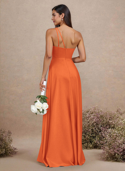 Classic One-Shoulder A-Line High Split Floor-Length Satin Bridesmaid Dresses