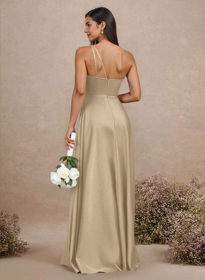 Classic One-Shoulder A-Line High Split Floor-Length Satin Bridesmaid Dresses