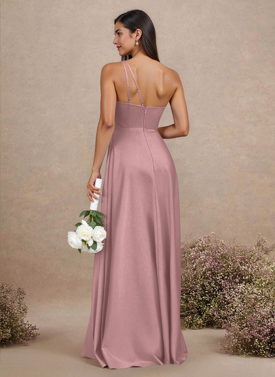 Classic One-Shoulder A-Line High Split Floor-Length Satin Bridesmaid Dresses