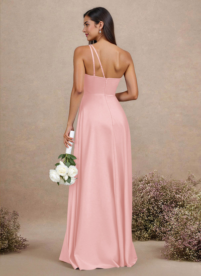 Classic One-Shoulder A-Line High Split Floor-Length Satin Bridesmaid Dresses
