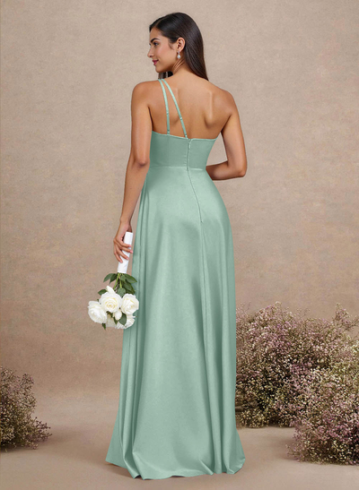 Classic One-Shoulder A-Line High Split Floor-Length Satin Bridesmaid Dresses