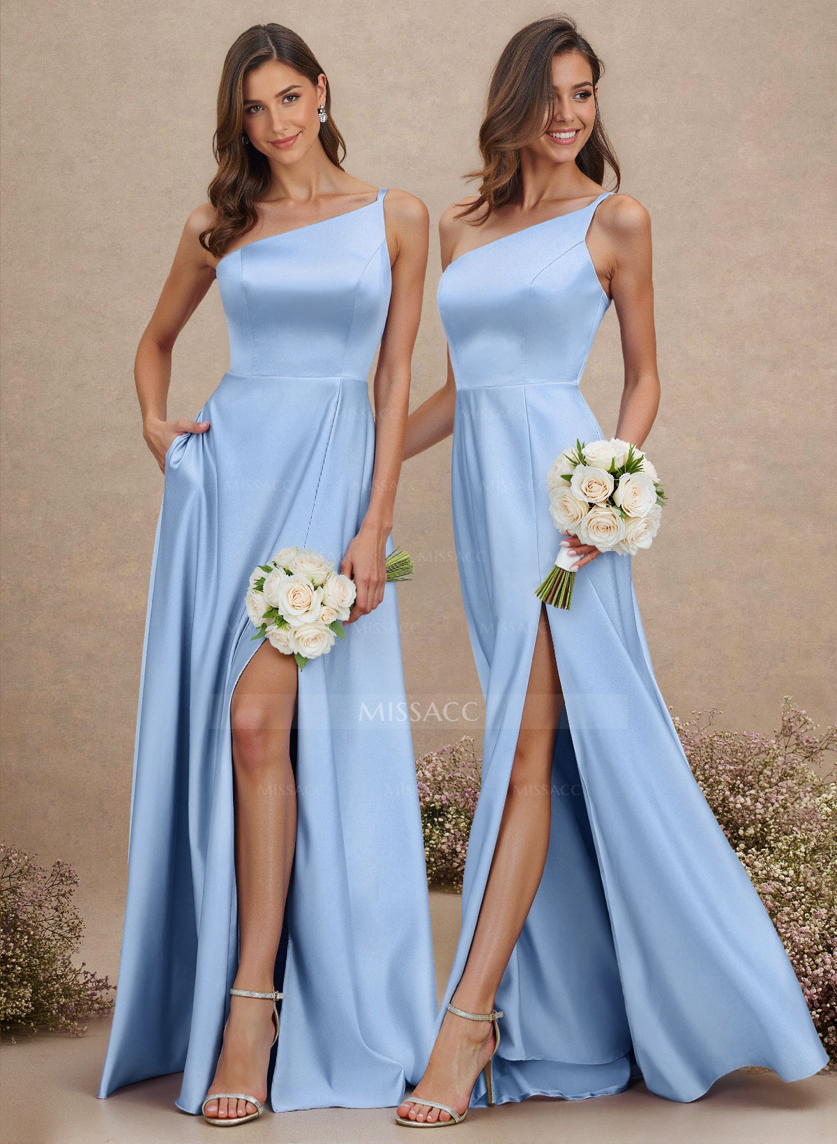 Classic One-Shoulder A-Line High Split Floor-Length Satin Bridesmaid Dresses