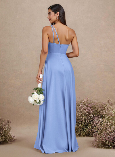 Classic One-Shoulder A-Line High Split Floor-Length Satin Bridesmaid Dresses