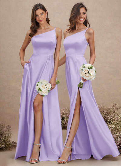 Classic One-Shoulder A-Line High Split Floor-Length Satin Bridesmaid Dresses