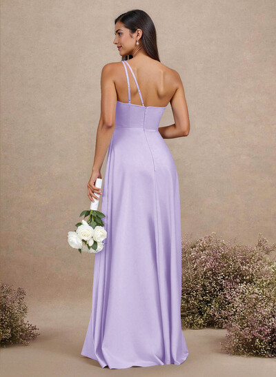 Classic One-Shoulder A-Line High Split Floor-Length Satin Bridesmaid Dresses