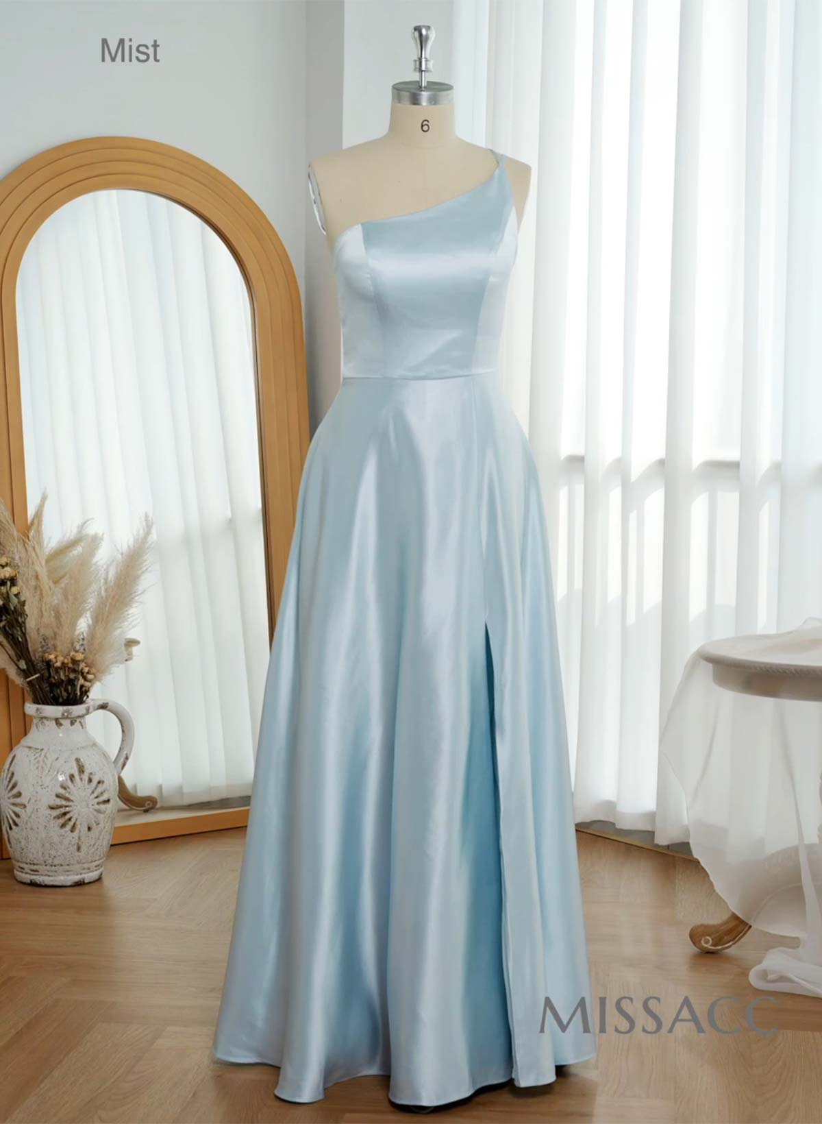 Classic One-Shoulder A-Line High Split Floor-Length Satin Bridesmaid Dresses
