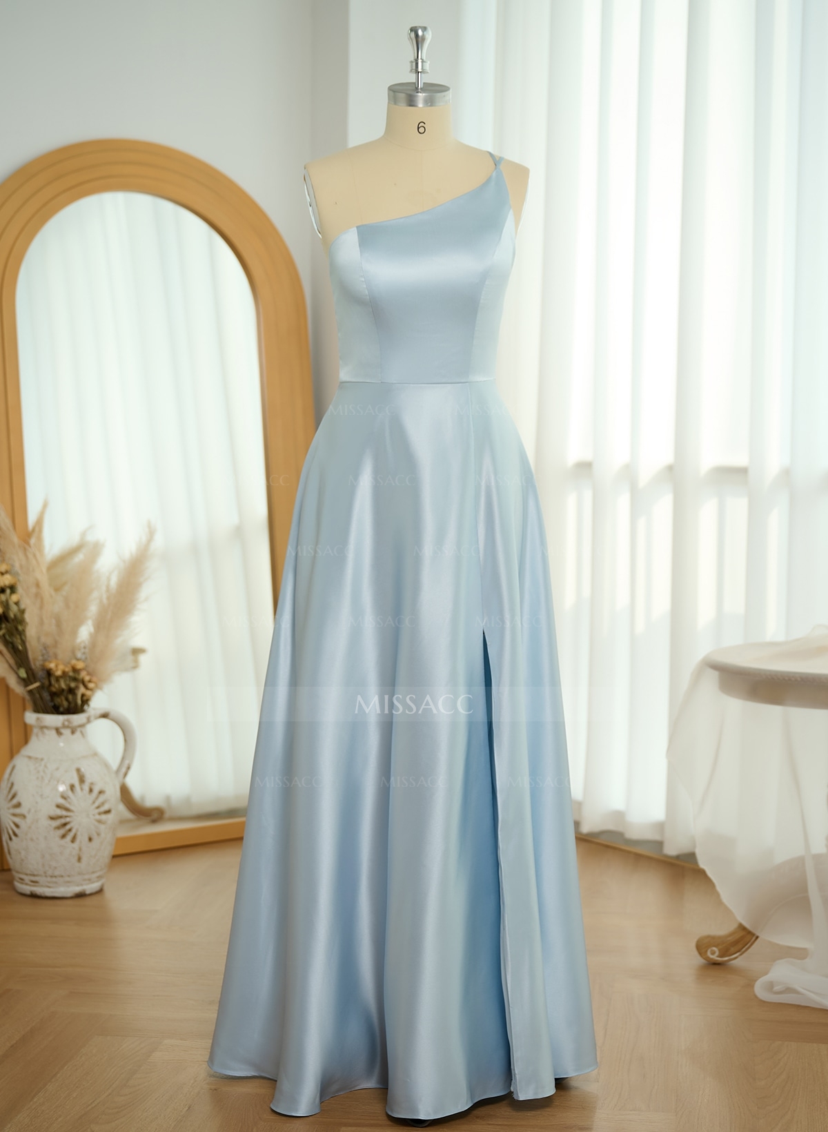Classic One-Shoulder A-Line High Split Floor-Length Satin Bridesmaid Dresses