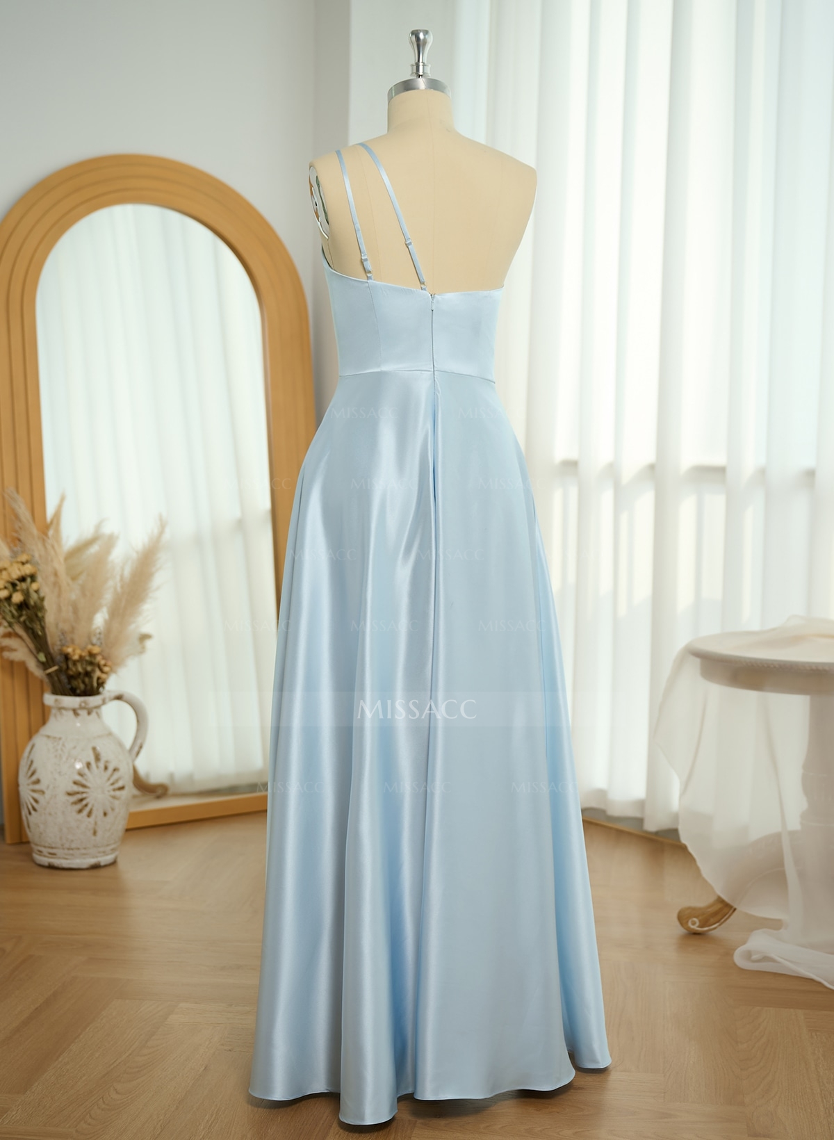 Classic One-Shoulder A-Line High Split Floor-Length Satin Bridesmaid Dresses