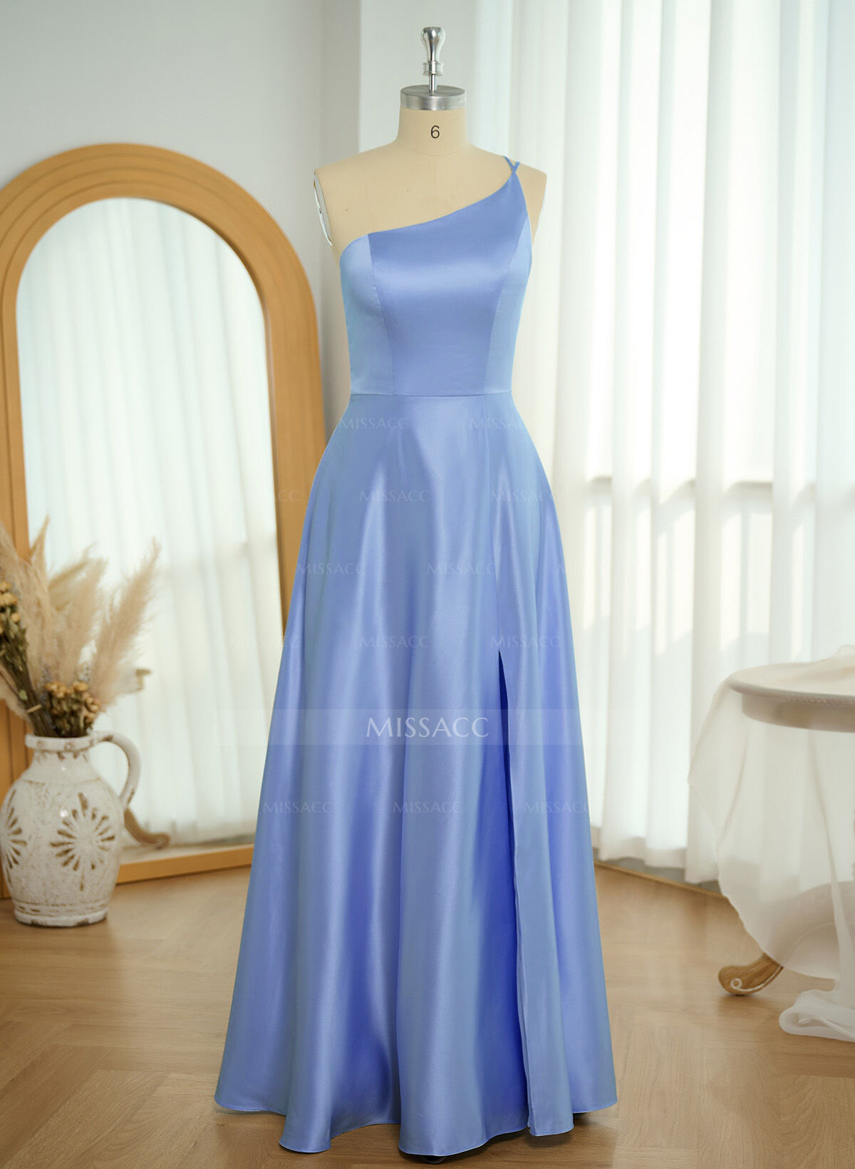 Classic One-Shoulder A-Line High Split Floor-Length Satin Bridesmaid Dresses