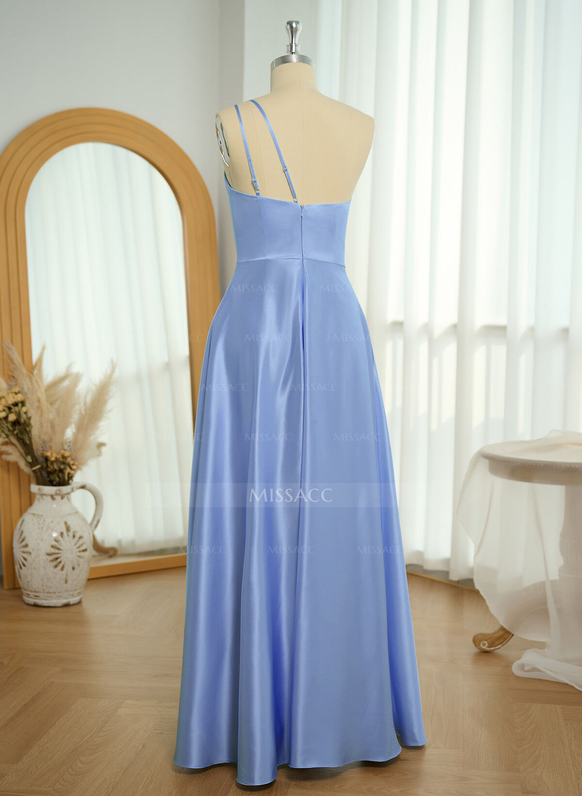 Classic One-Shoulder A-Line High Split Floor-Length Satin Bridesmaid Dresses