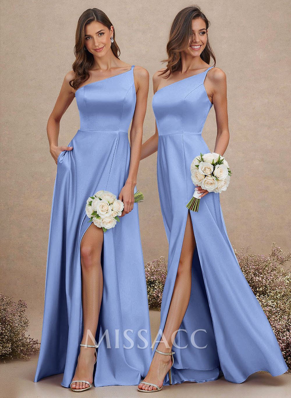 Classic One-Shoulder A-Line High Split Floor-Length Satin Bridesmaid Dresses